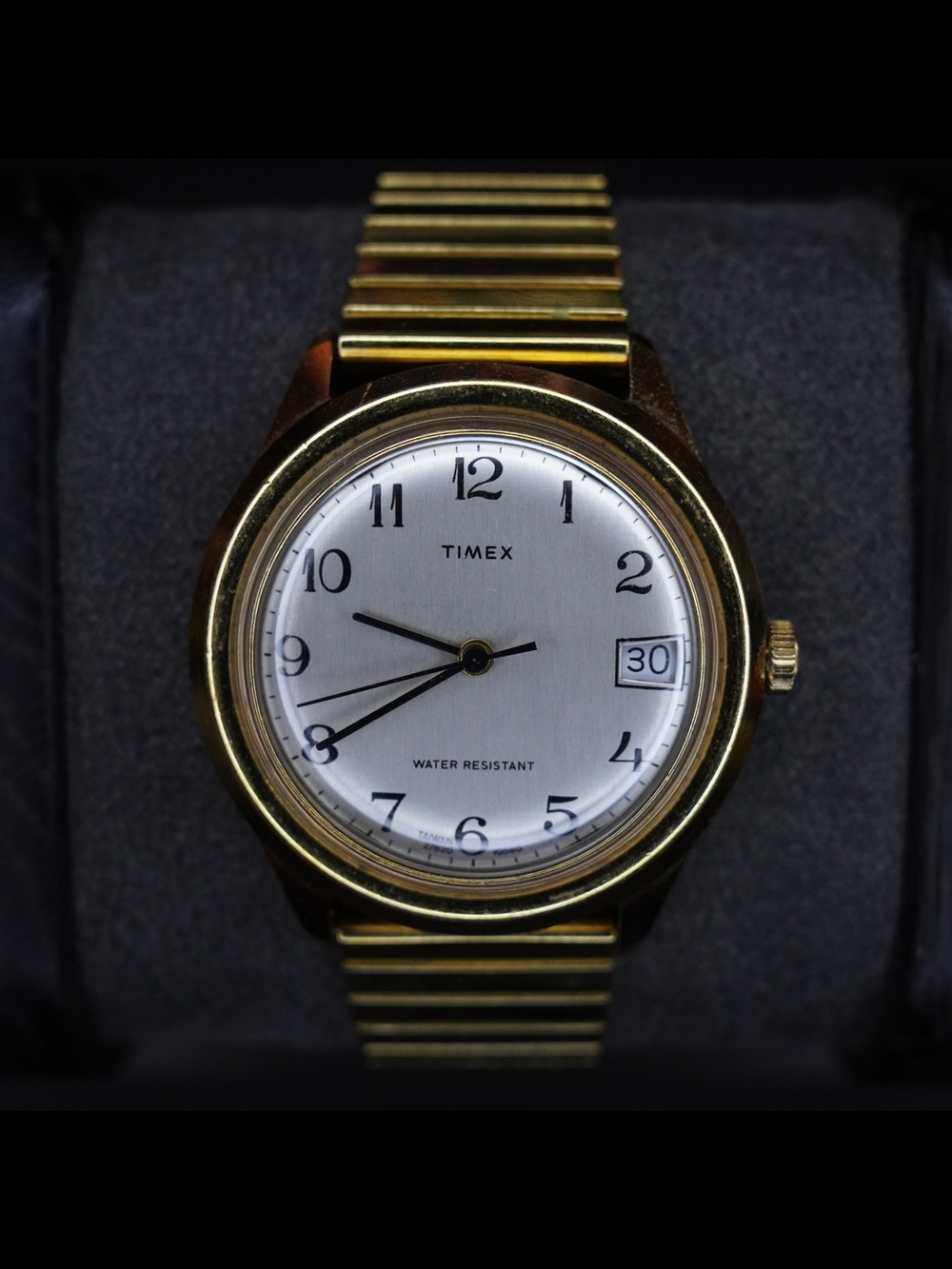 Vintage 1980 Timex Marlin Manual Wind Date Gold Tone Silver Dial Men's Watch
